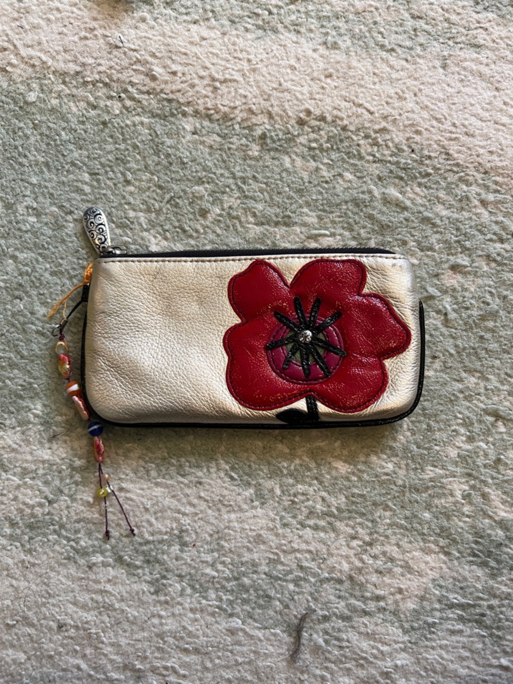 Brighton Cream Leather Wristlet with Red Flower Appliqué